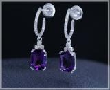 9x7mm Each Cushion Amethyst & Round White Diamond J-Shape Dangle Drop Earrings for Her in 925 Sterling Silver in Push Back