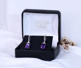 9x7mm Each Cushion Amethyst & Round White Diamond J-Shape Dangle Drop Earrings for Her in 925 Sterling Silver in Push Back