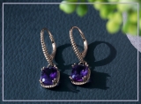 9x7mm Rectangular Cushion Amethyst Twisted Rope Edge Dangle Drop Lever Back Earrings for Her in 18K Rose Gold