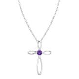 4mm Round Natural Amethyst Solitaire Twisted Criss Cross Crucifix Pendant with 18 inch Silver Chain for Women in 925 Sterling Silver