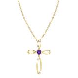 4mm Round Natural Amethyst Solitaire Twisted Criss Cross Crucifix Pendant with 18 inch Gold Chain for Women in 14K Yellow Gold