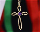 4mm Round Natural Amethyst Solitaire Twisted Criss Cross Crucifix Pendant with 18 inch Gold Chain for Women in 14K Yellow Gold