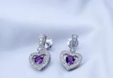 4.5mm Round Amethyst & White Diamond Filigree Groove Sides Heart Shape Milgrain Edged Drop Stud Earrings for Women in 925 Sterling Silver in Screw Back