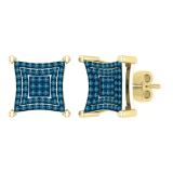 0.24 Carat Round Blue Diamond Composite Concave Square Stud Earrings for Women in 10K Yellow Gold in Push Back