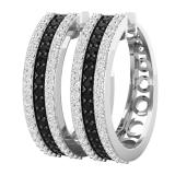 1.04 Carat (ctw) Round Black & White Diamond 3 Row Linear Grooved Hinged Post Hoop Earrings for Women in 925 Sterling Silver