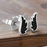 Round Black Diamond Angel Wing Stud Earrings for Women (0.06 ctw, Color Black, Clarity Opaque) in 10K White Gold in Push Back