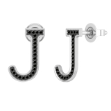 0.11 Carat Round Black Diamond Initial 'J' Letter Stud Earrings for Women in 10K White Gold in Push Back
