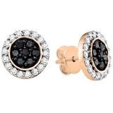 1.00 Carat (ctw) Round Black & White Diamond Flower Halo Style Stud Earrings for Women in 18K Rose Gold