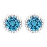6mm Each Round Blue Topaz & Accent White Diamond 4 Prong Halo Stud Earrings in 10K White Gold in Screw Back