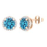 6mm Each Round Blue Topaz & Accent White Diamond 4 Prong Halo Stud Earrings in 14K Rose Gold in Push Back