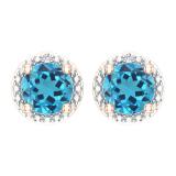 6mm Each Round Blue Topaz & Accent White Diamond 4 Prong Halo Stud Earrings in 14K Rose Gold in Push Back