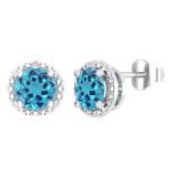 6mm Each Round Blue Topaz & Accent White Diamond 4 Prong Halo Stud Earrings in 925 Sterling Silver in Push Back