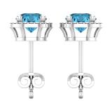 6mm Each Round Blue Topaz & Accent White Diamond 4 Prong Halo Stud Earrings in 925 Sterling Silver in Push Back