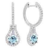 18K White Gold 5.5 MM Each Round Cut Aquamarine And Round & Baguette Cut Diamond Drop Earrings