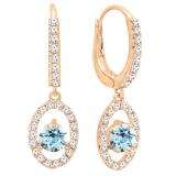 18K Rose Gold 4.5 MM Each Round Cut Aquamarine & White Diamond Ladies Halo Dangling Drop Earrings