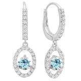 18K White Gold 4.5 MM Each Round Cut Aquamarine & White Diamond Ladies Halo Dangling Drop Earrings