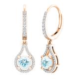 14K Rose Gold 5.5 MM Each Round Cut Aquamarine & White Diamond Ladies Dangling Drop Earrings