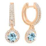 10K Rose Gold 5.5 MM Each Round Cut Aquamarine & White Diamond Ladies Halo Dangling Drop Earrings