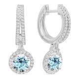 10K White Gold 5.5 MM Each Round Cut Aquamarine & White Diamond Ladies Halo Dangling Drop Earrings