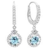 18K White Gold 5.5 MM Each Round Cut Aquamarine And Round & Princess Cut Diamond Drop Earrings