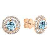 18K Rose Gold 6 MM Each Round Cut Aquamarine & White Diamond Ladies Double Halo Stud Earrings