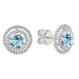 18K White Gold 6 MM Each Round Cut Aquamarine & White Diamond Ladies Double Halo Stud Earrings