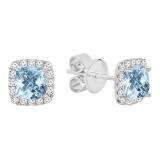 14K White Gold Each 4 MM Cushion Cut Aquamarine & Round White Diamond Ladies Halo Stud Earrings