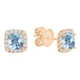 18K Rose Gold Each 4 MM Cushion Cut Aquamarine & Round White Diamond Ladies Halo Stud Earrings