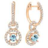 10K Rose Gold 4.5 MM Round Cut Aquamarine & White Diamond Ladies Halo Style Dangling Drop Earrings