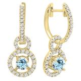 10K Yellow Gold 4.5 MM Round Cut Aquamarine & White Diamond Ladies Halo Style Dangling Drop Earrings