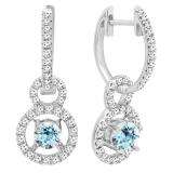 18K White Gold 4.5 MM Round Cut Aquamarine & White Diamond Ladies Halo Style Dangling Drop Earrings