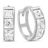 14k White Gold Princess Cut White Cubic Zirconia CZ Ladies Huggie Hoop Earrings (3.4 mm Width x 10.5 mm Length)