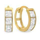 14k Yellow Gold Princess Cut White Cubic Zirconia CZ Ladies Huggie Hoop Earrings (3.4 mm Width x 10.5 mm Length)