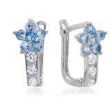 14K White Gold Blue Topaz & White Round White CZ Cubic Zirconia Ladies Huggie Hoop Earrings