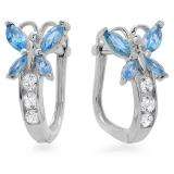 14K White Gold Blue Topaz & White Round & Marquise White CZ Cubic Zirconia Ladies Butterfly Huggie Hoop Earrings