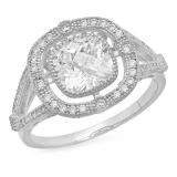 1.75 Carat (Ctw) 14K White Gold Cushion & Round White Cubic Zirconia CZ Ladies Bridal Milgrain Halo Split Shank Engagement Ring