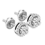 Round White Diamond Halo Style Screwback Stud Earrings for Women (0.45 ctw Color I-J Clarity I1-I2) in 14K White Gold
