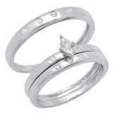 0.10 Carat (ctw) Round White Diamond Men & Women Wedding Rings Trio Bridal Set 10K White Gold