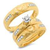 10K Yellow Gold Round Cut Diamond Men's & Women's Engagement Ring Trio Bridal Set