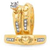 10K Yellow Gold Round Cut Diamond Men's & Women's Engagement Ring Trio Bridal Set