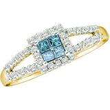 0.33 Carat (ctw) 14k Yellow Gold Round & Princess Cut Blue & White Diamond Ladies Split Shank Invisible Engagement Ring