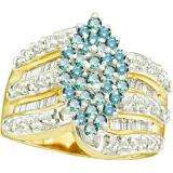 1.00 Carat (ctw) 10k Yellow Gold Round & Baguette Cut Blue & White Diamond Ladies Right Hand Cluster Ring