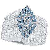 1.00 Carat (ctw) 10k White Gold Round & Baguette Cut Blue & White Diamond Ladies Right Hand Cluster Ring