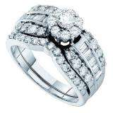 1.39 Carat (ctw) 14k White Gold Round & Baguette Cut White Diamond Ladies Bridal Engagement Ring Set