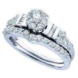 1.06 Carat (ctw) 14k White Gold Round & Baguette Cut White Diamond Ladies Cluster Flower Bridal Engagement Ring Set