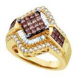 1.50 Carat (ctw) 14k Yellow Gold Round Baguette & Princess Cut Champagne& White Diamond Ladies Invisible Bridal Ring