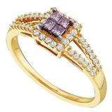 0.33 Carat (ctw) 14k Yellow Gold Round Champagne & White Diamond Ladies Split Shank Invisible Engagement Ring