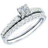 1.00 Carat (ctw) 14k White Gold Round & Princess Cut White Diamond Ladies Bridal Solitaire With Accents Engagement Ring Set 1 CT