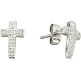 0.10 Carat (ctw) 10k White Gold White Diamond Ladies Micro Pave Cross Earrings