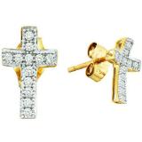 0.10 Carat (ctw) 10k Yellow Gold White Diamond Ladies Micro Pave Cross Earrings